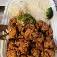 General Tso’s with soy protein and white rice  at Ye's Asian Vegan Kitchen in Hilliard