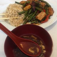 Garlic string beans with tofu and soup at Ye's Asian Vegan Kitchen in Hilliard