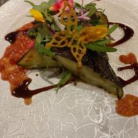 Roasted eggplant with homemade butterfly potato chip at Saido in Tokyo