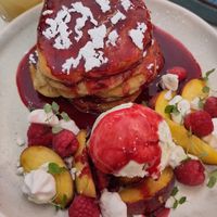 Vegan peach pancakes at Cafe Strange Brew in Glasgow