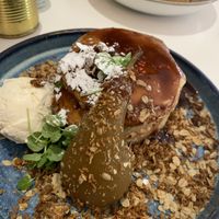 Chia poached pear pancakes 🥞fro  at Cafe Strange Brew in Glasgow