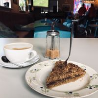 Cappuccino (with oatmilk) & the Happy Marriage cake  at Tehusid in Egilsstadir