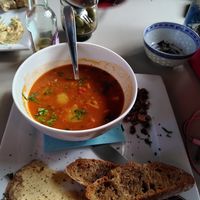 Havarí soup and vegan waffles in the background at Tehusid in Egilsstadir