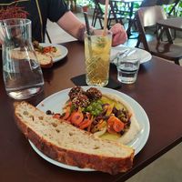 Hummus with falafel and homemade bread at Konvikt in Olomouc