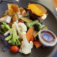 Tofu with sweet potato and steamed veggies at Nancy's Sky Garden in Austin