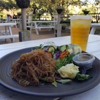 Avocado roll, tahini dressing, sweet potato noodles on the beautiful patio. at Nancy's Sky Garden in Austin