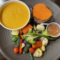 Carrot soup. Baked sweet potato and warm vegetables. Delicious   #Veganuary at Nancy's Sky Garden in Austin