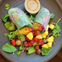 Hummus avocado roll with peanut soy sauce at Nancy's Sky Garden in Austin