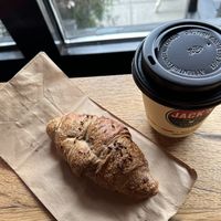 Blueberry croissant and “Mountie” Maple Cinnamon Latte  at Jack's Stir Brew Coffee - Tribeca in New York City