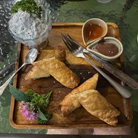 Fried bananas with coconut ice cream and delicious dipping sauces  at Pure Vegan Heaven in Koh Samui