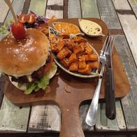 Burger and sweet potatoes. at Pure Vegan Heaven in Koh Samui