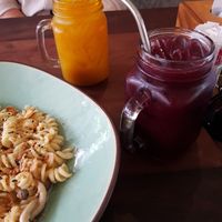 Mushroom pasta and juice at Pure Vegan Heaven in Koh Samui