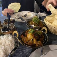 Chutneys, poppadoms, Bombay aloo and lilva and tomato shaak.  #Veganuary at Indigo in Nadi