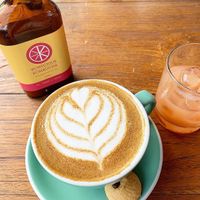 Latte and kombucha at Shelter Cafe in Seminyak