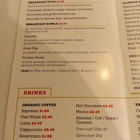 Coffee, breakfast bowls and breakfast pots menu at Flipside in London