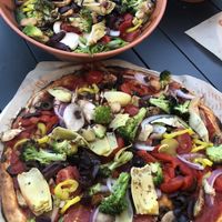 Salad with all the veggies- pizza with all the veggies. No cheese at Blaze Pizza in Melbourne