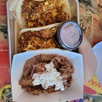 Soyrizo and tofu scramble tacos with refried beans at Tiki Loco in Dallas
