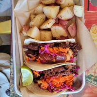 BBQ pork tacos with homefries at Tiki Loco in Dallas