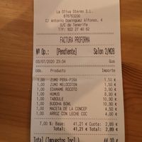Bill for entrees, main dish, desert and drinks for 2 people at La Concepción in Tenerife