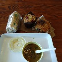 Red Lentil Curry with adzuki beans and spinach - super delicious!! Above that is the tofu submarine sandwich, sweet muffin, savory croissant at Ely's To Go in Boardman