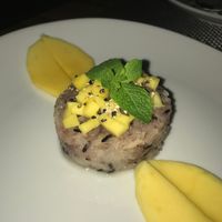 Traditional thai dessert: Sticky rice with coconut milk and mango at Zebra in Prague