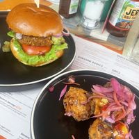 Vegan motherclucker with sweetcorn fritters  at Turtle Bay in Southampton
