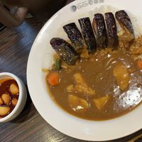 Vegan Eggplant and veg curry with garlic on side.  at Coco ichibanya - Shinjuku Station in Tokyo