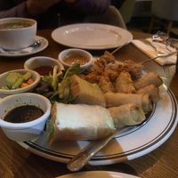 vegan appetizer sampler (gyoza, spring rolls, egg rolls, mock chicken skewers)  at Sab Lai Thai Kitchen in San Diego
