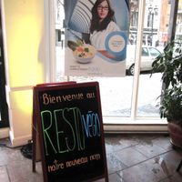 Commensal St Denis rebranded as Resto Végo - sign says 'Welcome to Resto Végo, our new name'. at Commensal - St Denis in Montreal