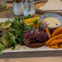 pea-based plant steak with sweet potato fries and vegetables at Zielona Baza in Rzeszow