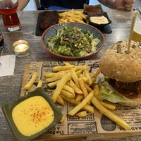 Seitan bbq burger and seitan steak in the back at Balance Bowl in Gzira