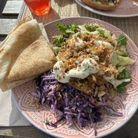Huge salad plate with soy strips for lunch   at Balance Bowl in Gzira