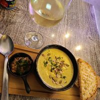 Zucchini soup and beans and garlic cream to spread on the ftira at Balance Bowl in Gzira