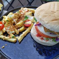 No Chicken Burger with loaded fries at Balance Bowl in Gzira