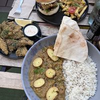  vegan calamarii (oyster mushrooms 100/10), no chicken burger with fries, and curry :) at Balance Bowl in Gzira