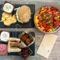 Burger with protein chunks, Mediterranean Platter and Fiery Nachos! at Balance Bowl in Gzira
