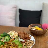 "big vegan" (gf upon request) & pink smoothie bowl (gf) at Coffee Cartel in Kerobokan Kelod