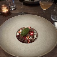 Sorrel sorbet with brownies, ganache, and fermented lingonberries - my favorite   at Natura in Helsinki