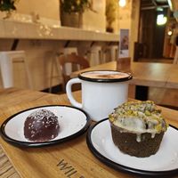 Wild bounty, pistachio lovers cupcake, hot chocolate chaga. at Wild & The Moon - Saint Honoré in Paris