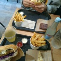 Seitan and crispy soya burger. Flan and brownies. at Theory (ex-BurgerTheory) in Paris