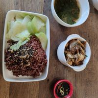 Mushroom & tofu, brown rice & veggies, soy sauce at Mang's Mania in Ho Chi Minh City