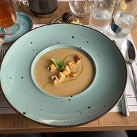 Garlic soup with basil olive oil and croutons   at Pol na Pol in Tarnow