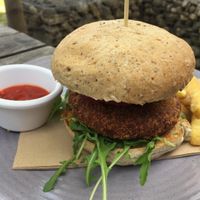 Vegan quinoa burger with fries (mostly hidden behind the burger) at Bright Brewery in Bright