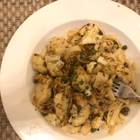 Vegan fettuccine with cauliflower, pepper, capers, sunflower seeds, gremolata at Anya in Thompson