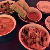 Spring rolls, mushroom dish, lemongrass curry tofu, spicy vegetable dish  at li.ke in Berlin