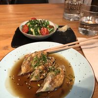 Gyoza and Wakame salad!  at Roots & Rolls in Barcelona