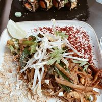 Vegan pad Thai + sushi  at Roots & Rolls in Barcelona