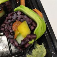 SriRango
Black & White Rice, mango, cucumber, roasted red pepper, avocado, sriracha
& sun dried tomato soya mayo (GF)  at Roots & Rolls in Barcelona