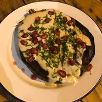 Eggplant- sub yogurt for tahini to make it vegan at Pergamon Restaurant in Jerusalem