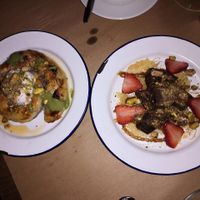 Sweets: pakhlava with coconut sorbet and chocolate truffles with strawberries  at Pergamon Restaurant in Jerusalem